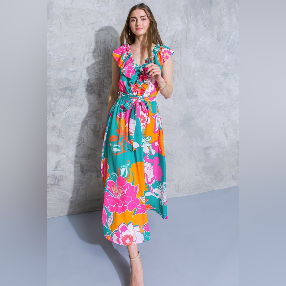 Flying Tomato Floral Ruffle Maxi Dress - Teal, Pink & Orange - Picture 2 of 4